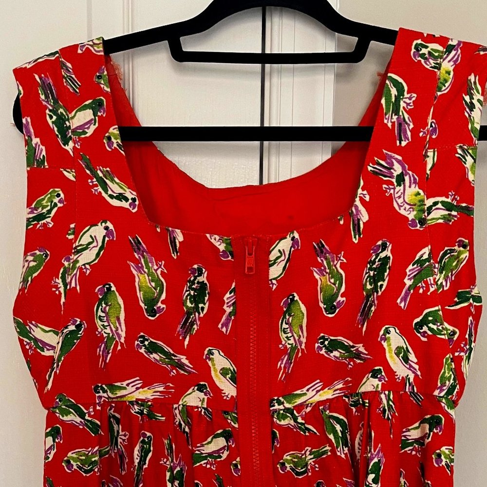 JCREW Red Summer Dress with Parrots has Pockets